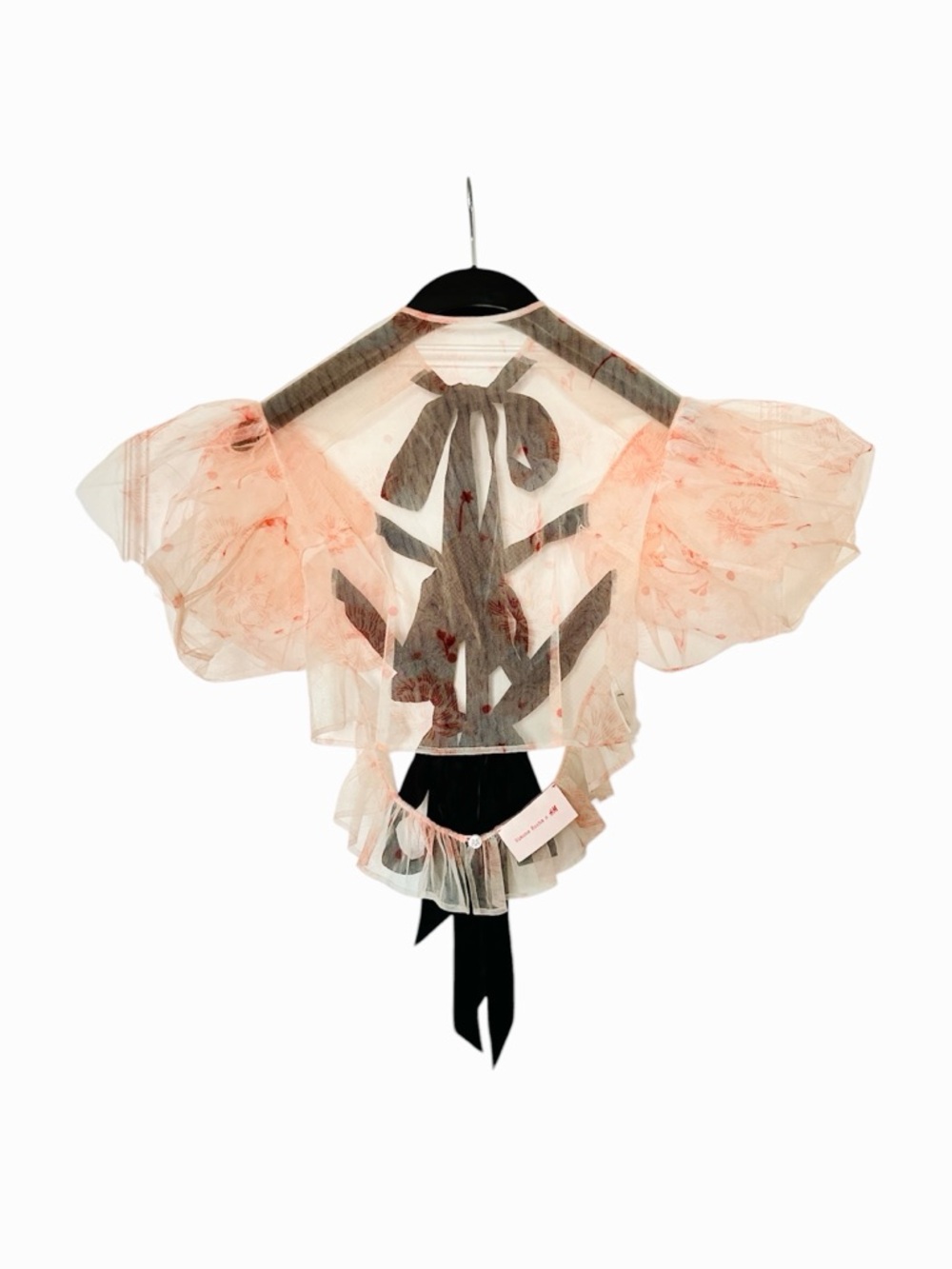 Simone Rocha H&M Sheer Pink Puff-Sleeve Tulle Top with Black Ribbon Detail